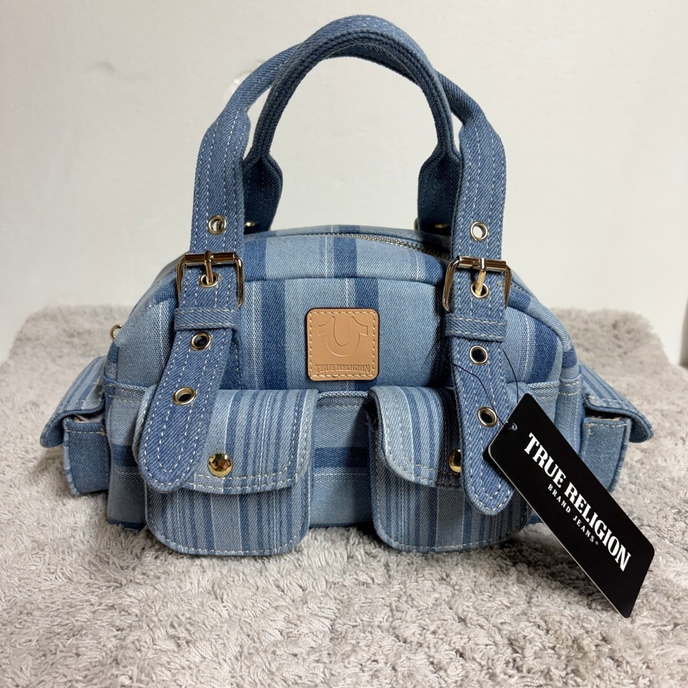 True Religion Denim Striped Satchel Handbag Blue Y2K Bowler Bag New With Tags